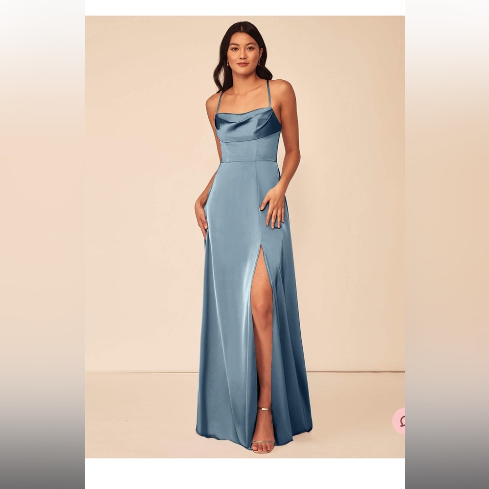 Azazie Clove Satin Stretch Dress- Dusty Blue Size 2